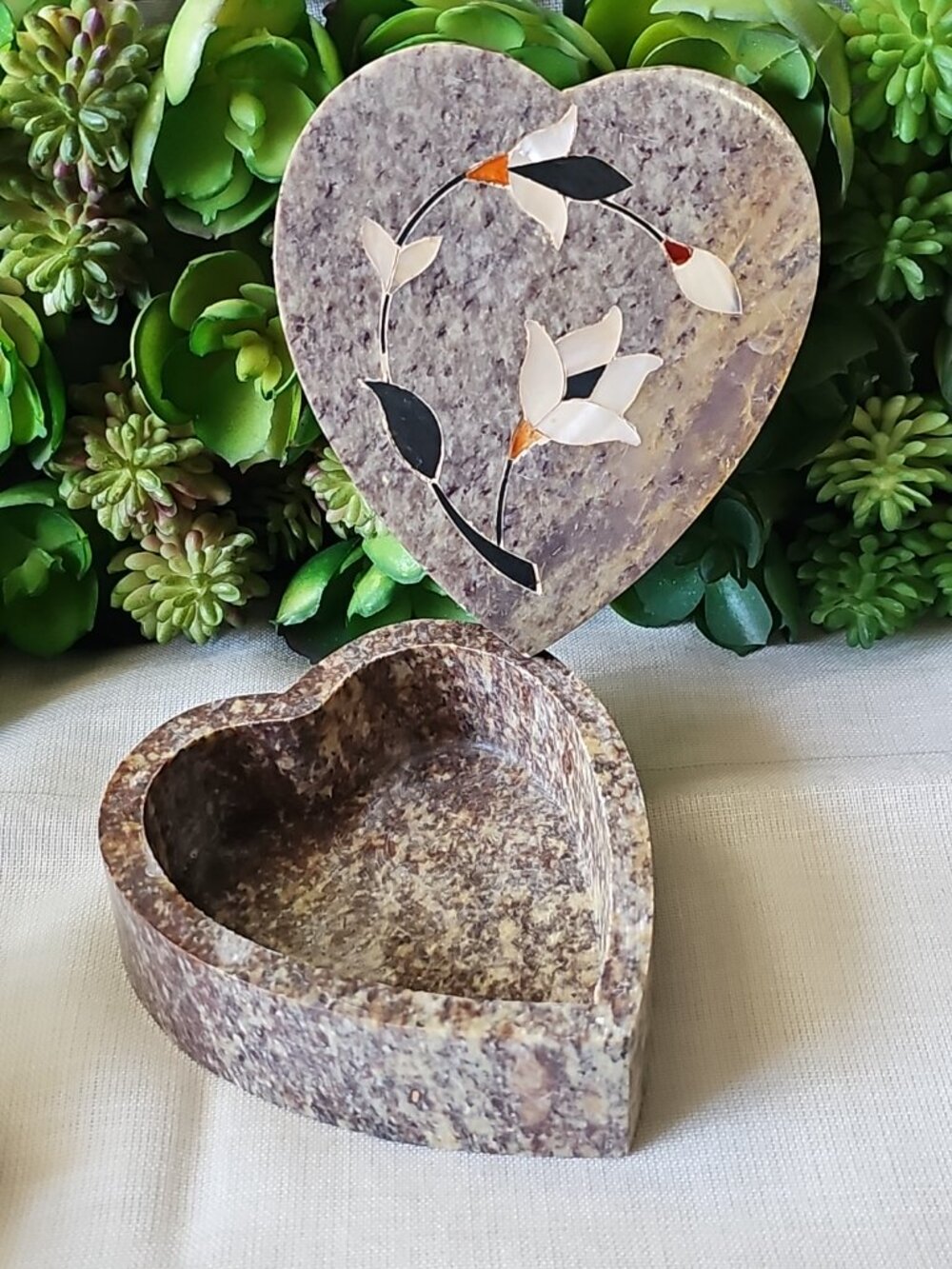 Romantic Hand-carved Soapstone Heart-Shaped Trinket Box with inlaid flowers
